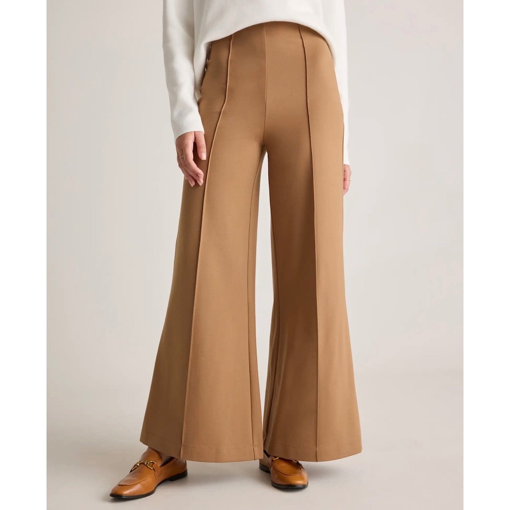 Quince Ultra-Stretch Ponte Wide Leg Pants Camel Brown Pintuck High Rise Small
